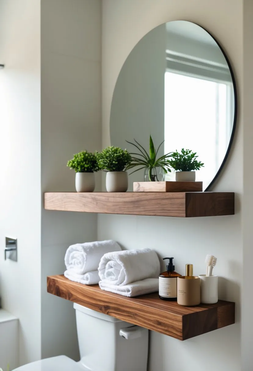 A bathroom with a wooden floating shelf above the toilet holding towels, plants, and toiletries in an organized arrangement.