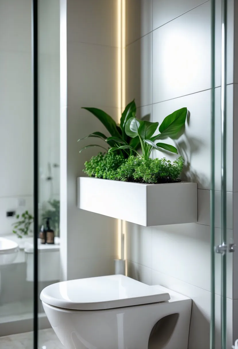 A bathroom shelf with a built-in planter above a toilet, holding green plants and neatly arranged toiletries.
