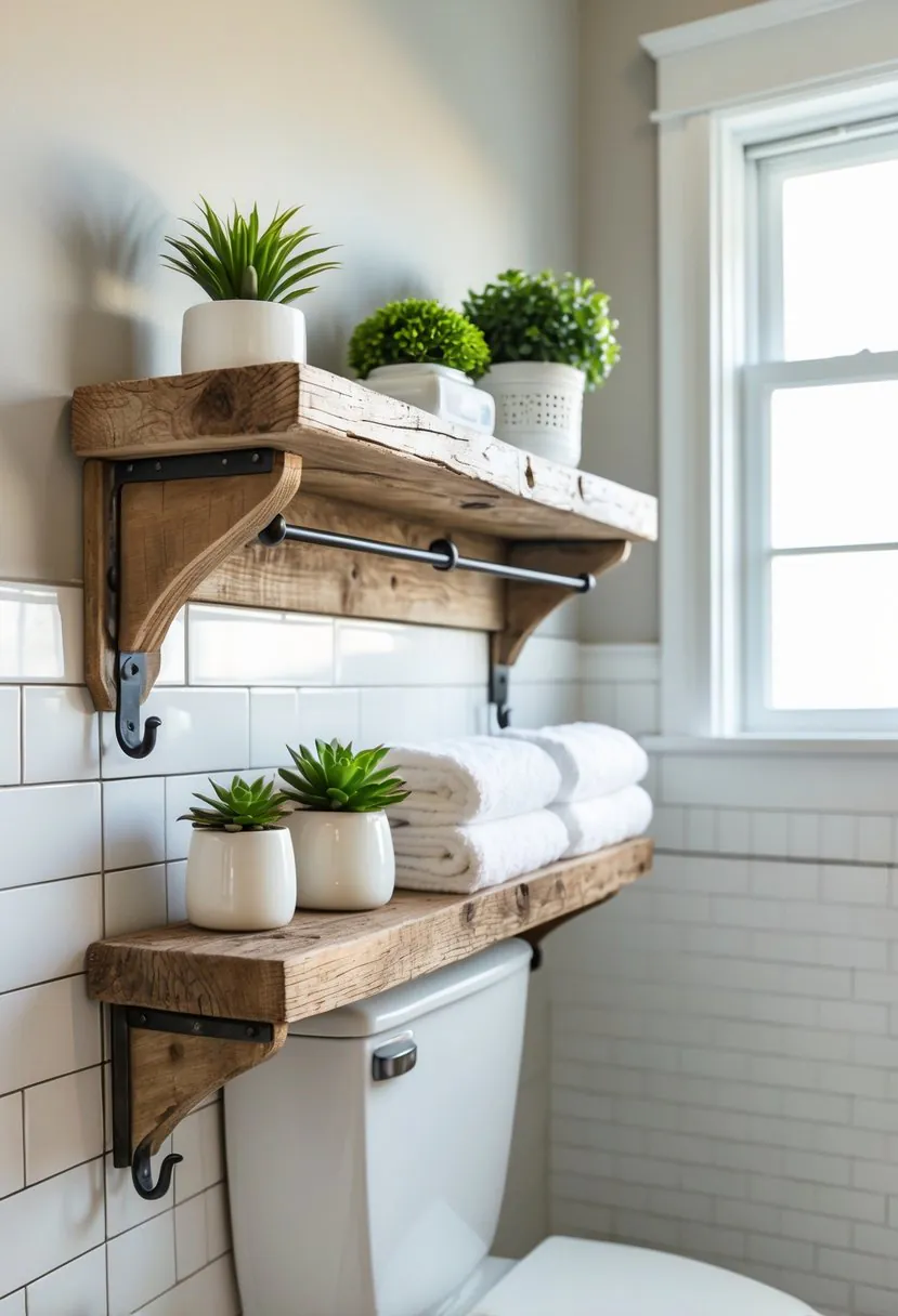 A bathroom scene showing a wooden shelf with hooks mounted above a toilet, holding towels and small decorative items.