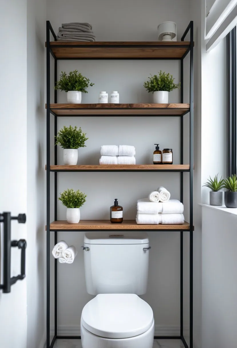 A bathroom with a multi-tier iron frame shelving unit with wooden shelves above a toilet, holding towels, plants, and toiletries.