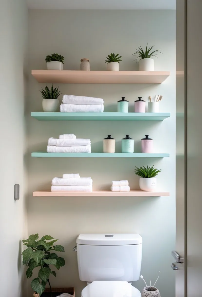 A bathroom with pastel-colored floating shelves above a toilet holding towels, plants, and toiletries.