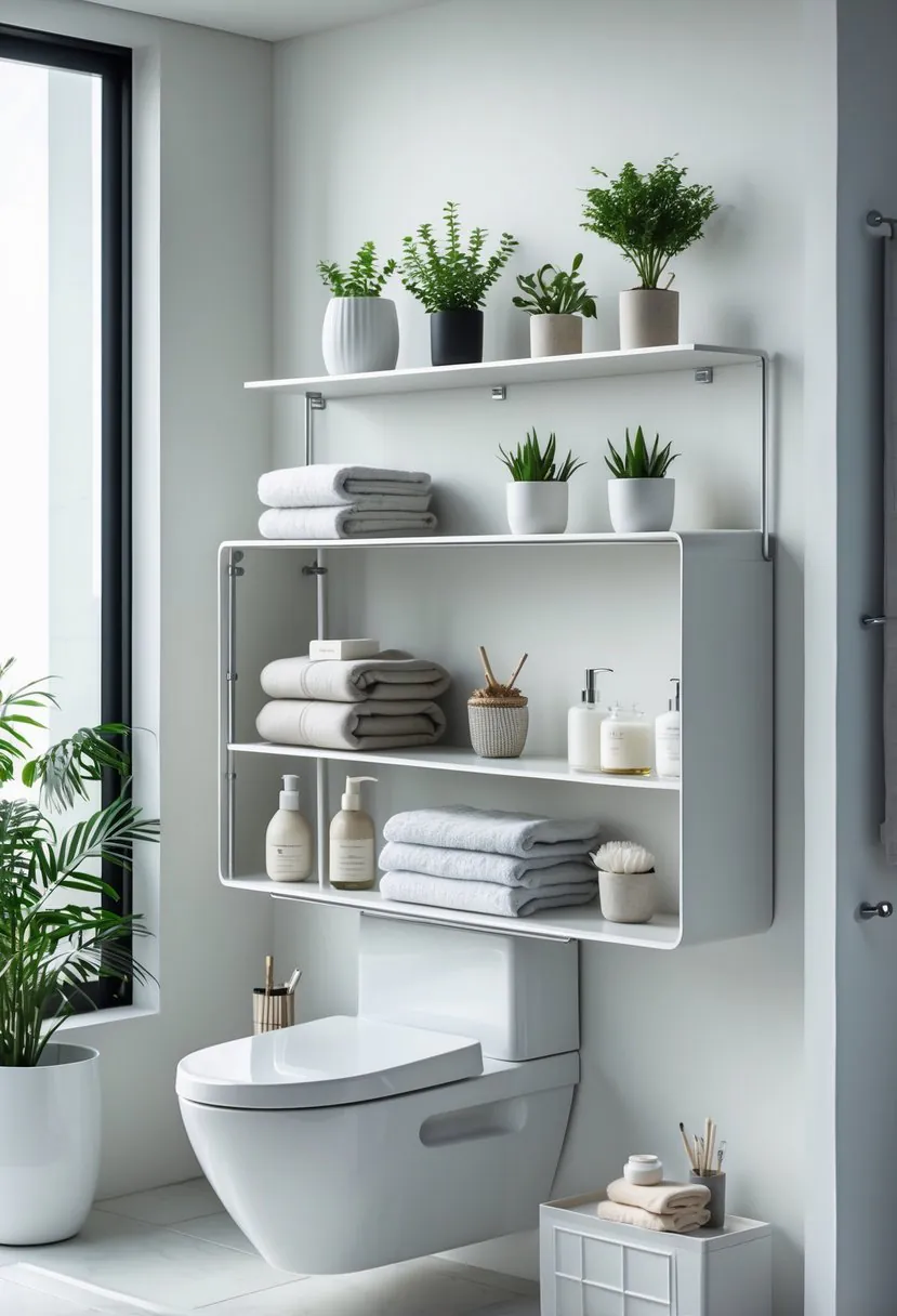 A bathroom with a toilet and an organized extendable shelf unit above it holding plants, towels, and bathroom accessories.
