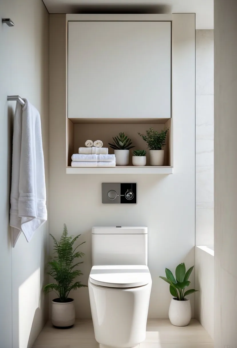 A bathroom shelf with a drop-down cabinet door installed above a toilet, holding neatly arranged towels and decorative items.
