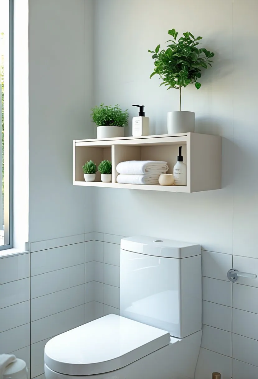 A bathroom with a narrow floating shelf with a small drawer mounted above the toilet, holding bathroom essentials in an organized way.