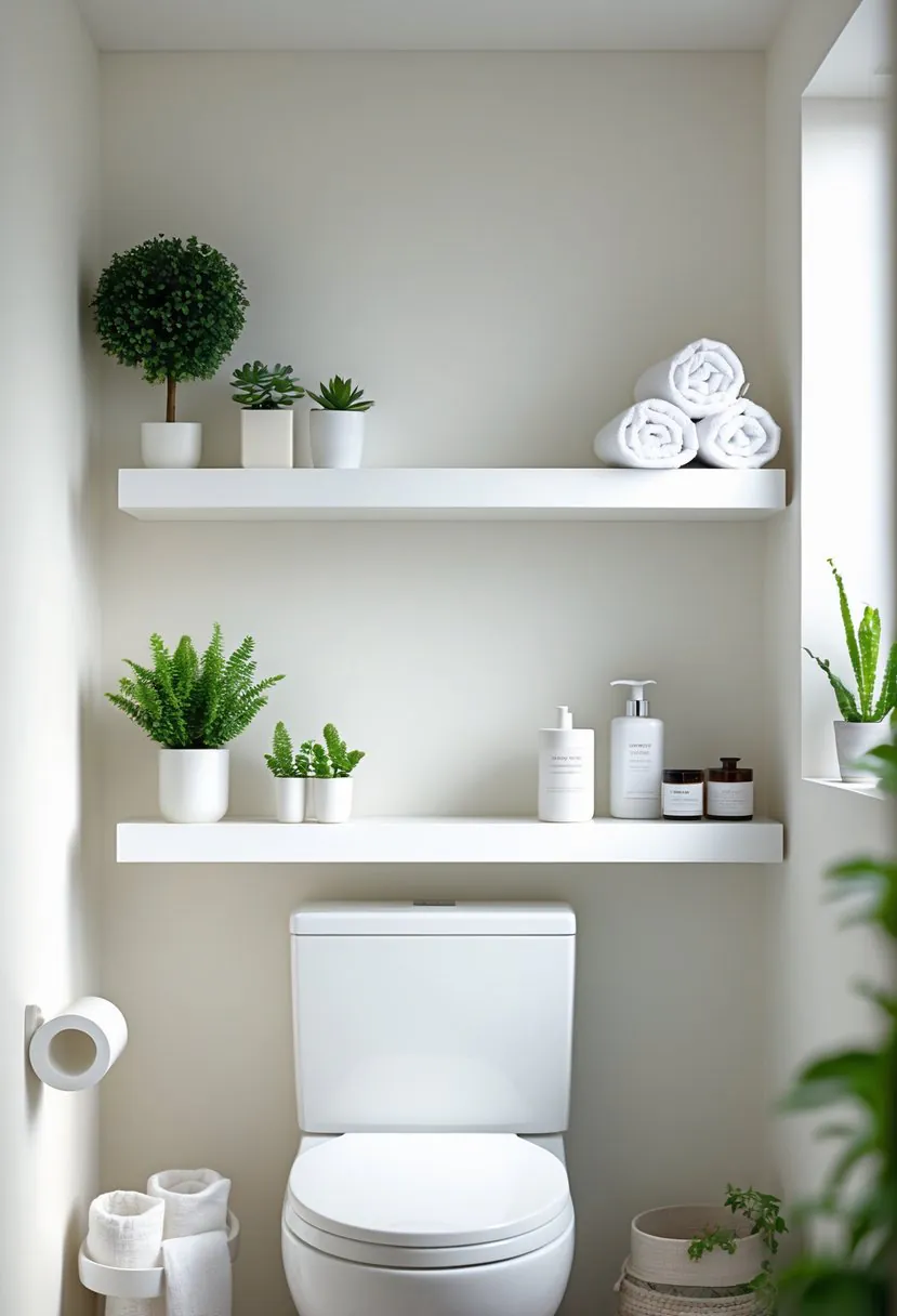 A white floating shelf above a bathroom toilet holding plants, towels, and toiletries in a clean and organized bathroom.