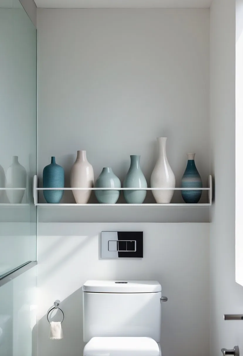 A bathroom shelf above a toilet holding several decorative ceramic vases.