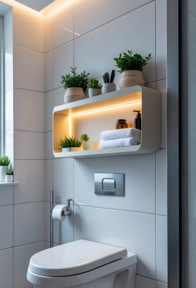 A bathroom with a compact wall-mounted shelf above the toilet holding plants, towels, and jars, illuminated by integrated lighting.