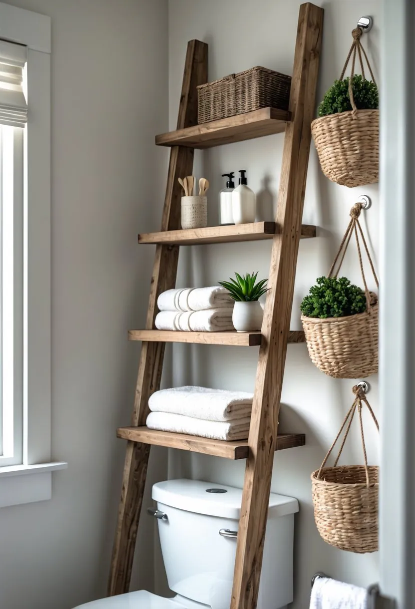 A bathroom with a wooden ladder shelf above the toilet holding hanging baskets with towels and plants.