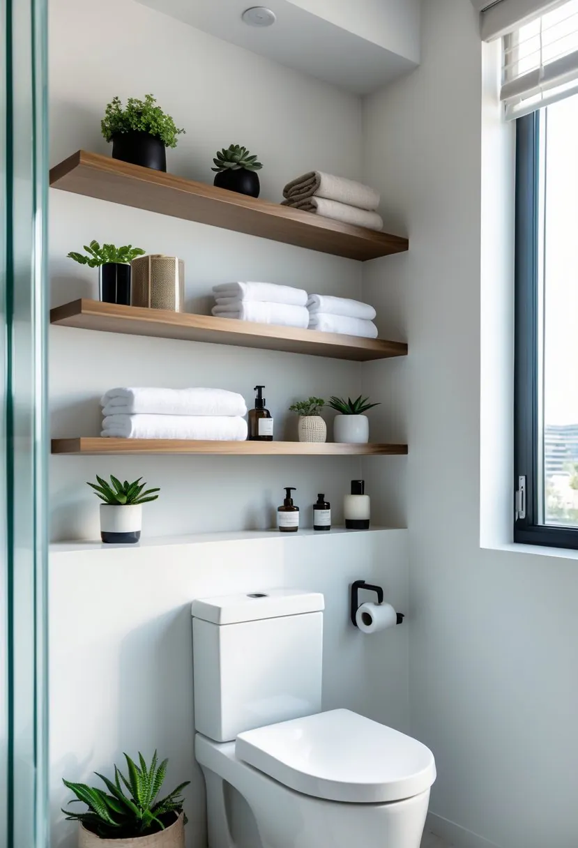 A clean bathroom with shelves above the toilet holding plants, towels, and storage containers.